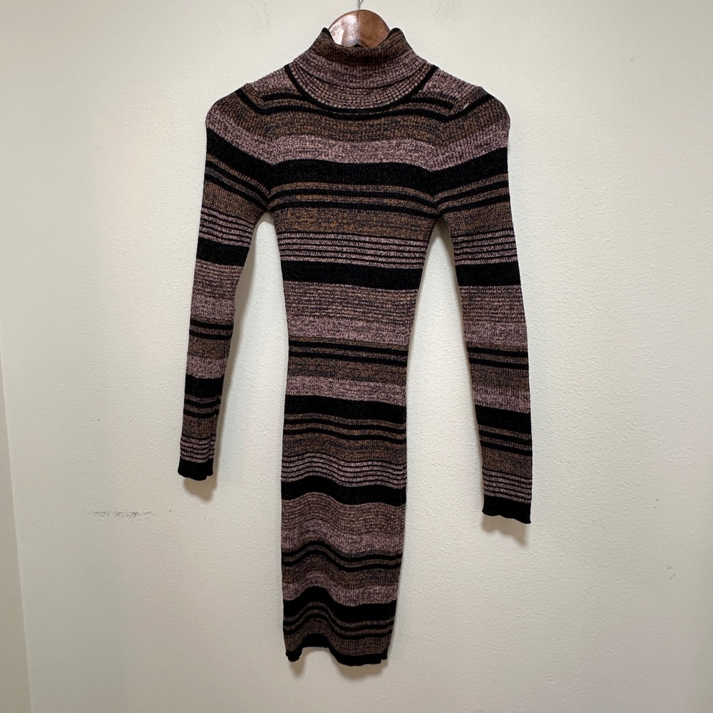 Flying Tomato Sweater Dress Womens‎ Medium Brown Striped Turtleneck Long Sleeve